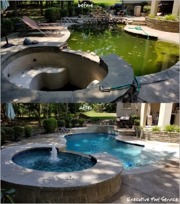before and after image of pool renovation in McKinney, Texas by executive pool service